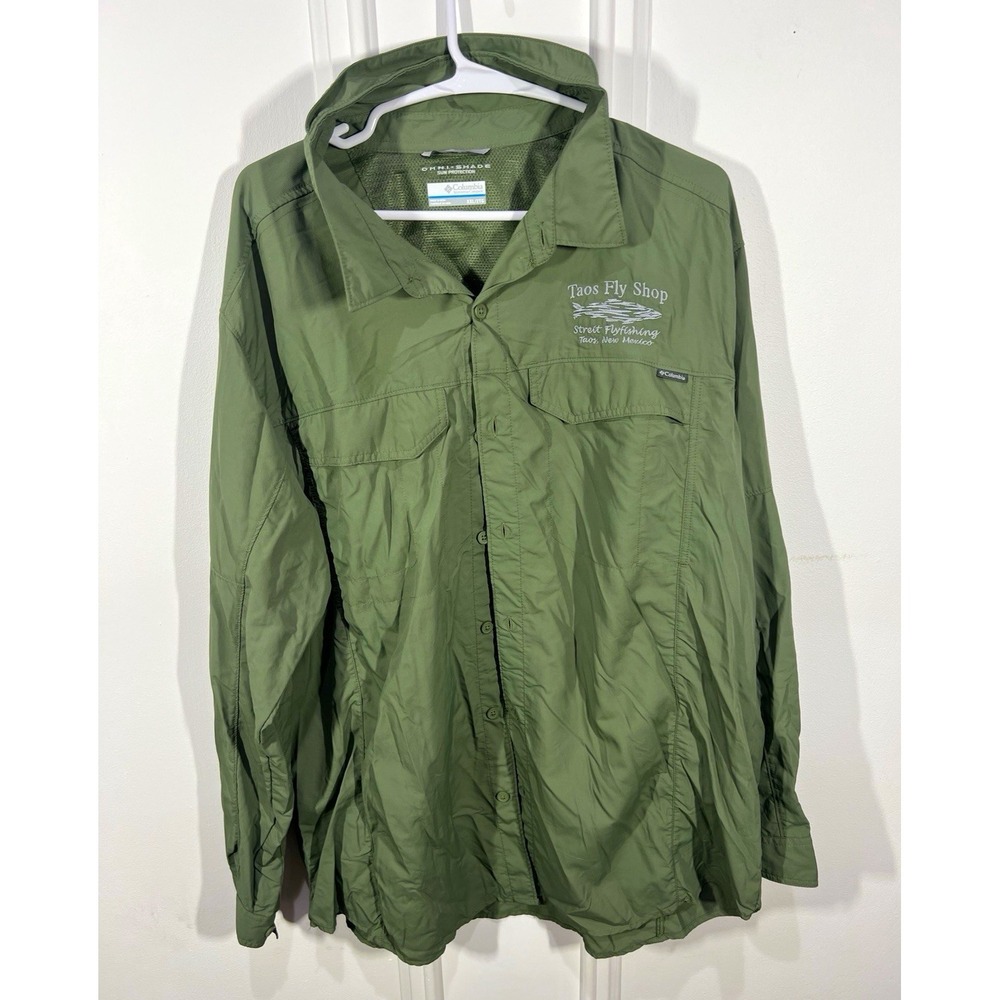 Columbia Taos Fly Shop Fishing Shirt Mens XXL Omni Shade Green Long Sleeve PFG